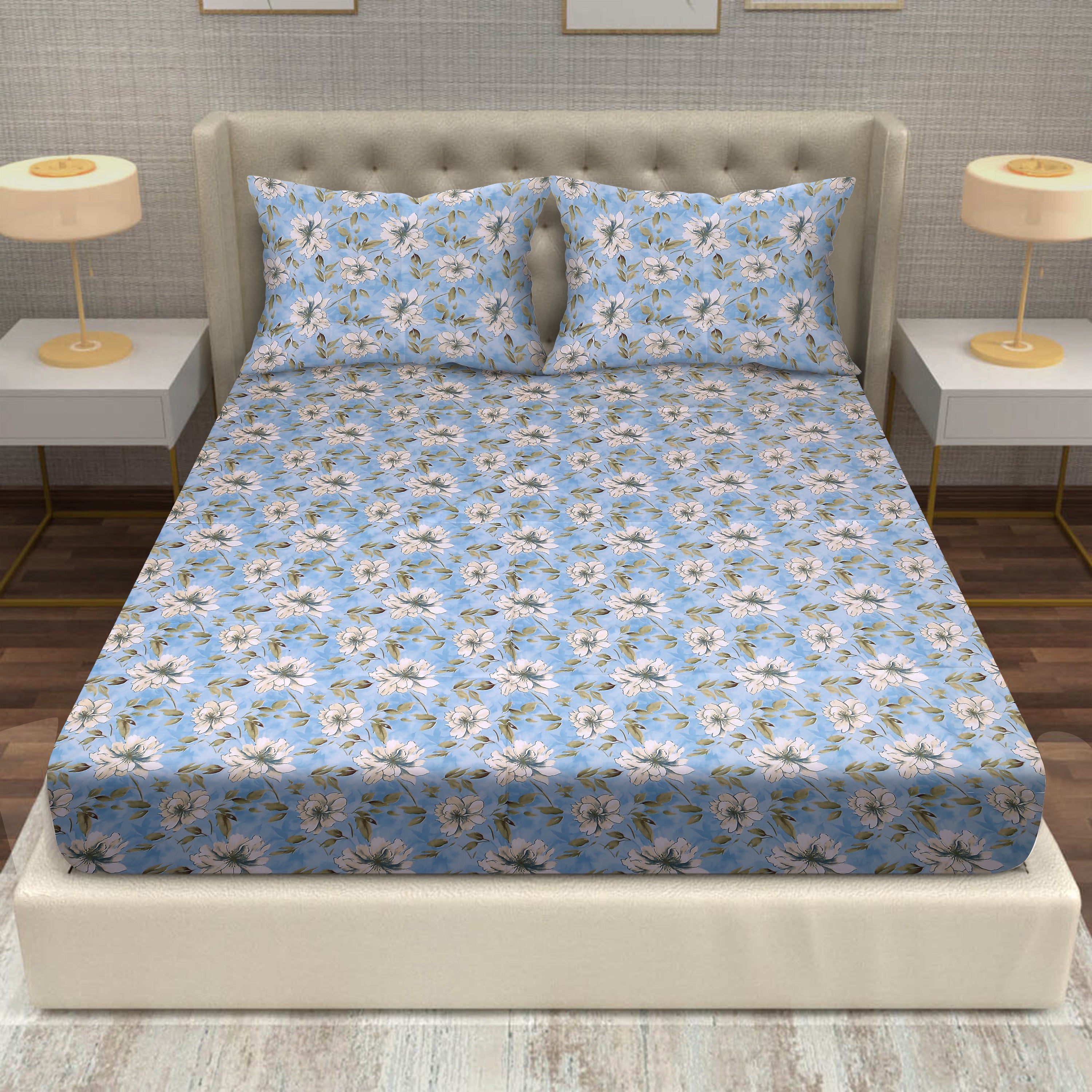 Rose Petal Elegance Cotton Fitted Bed Sheet Set (Soft Sky Blue)(Super King)