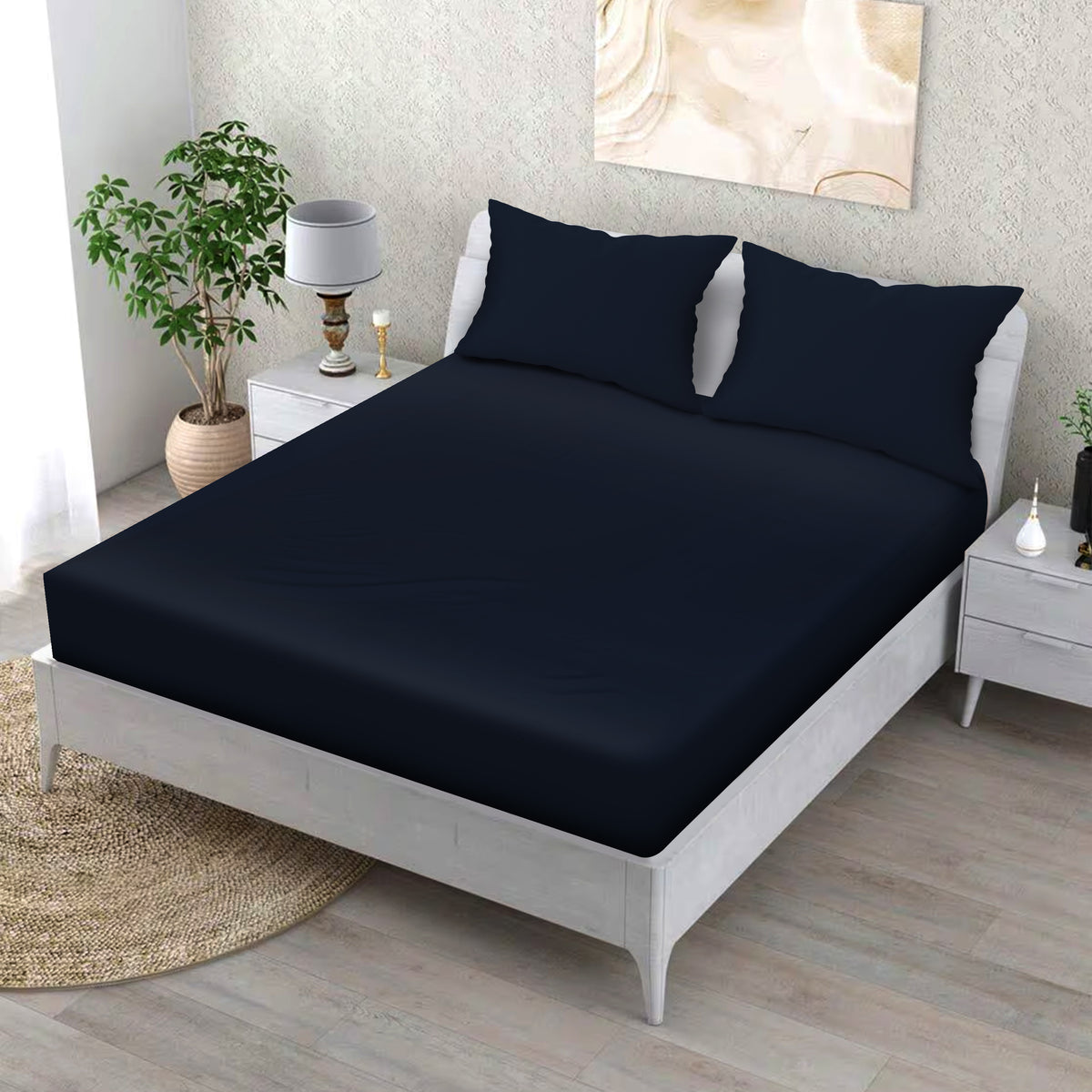 Ocean Depths Cotton Fitted Bed Sheet Set (Navy Blue)