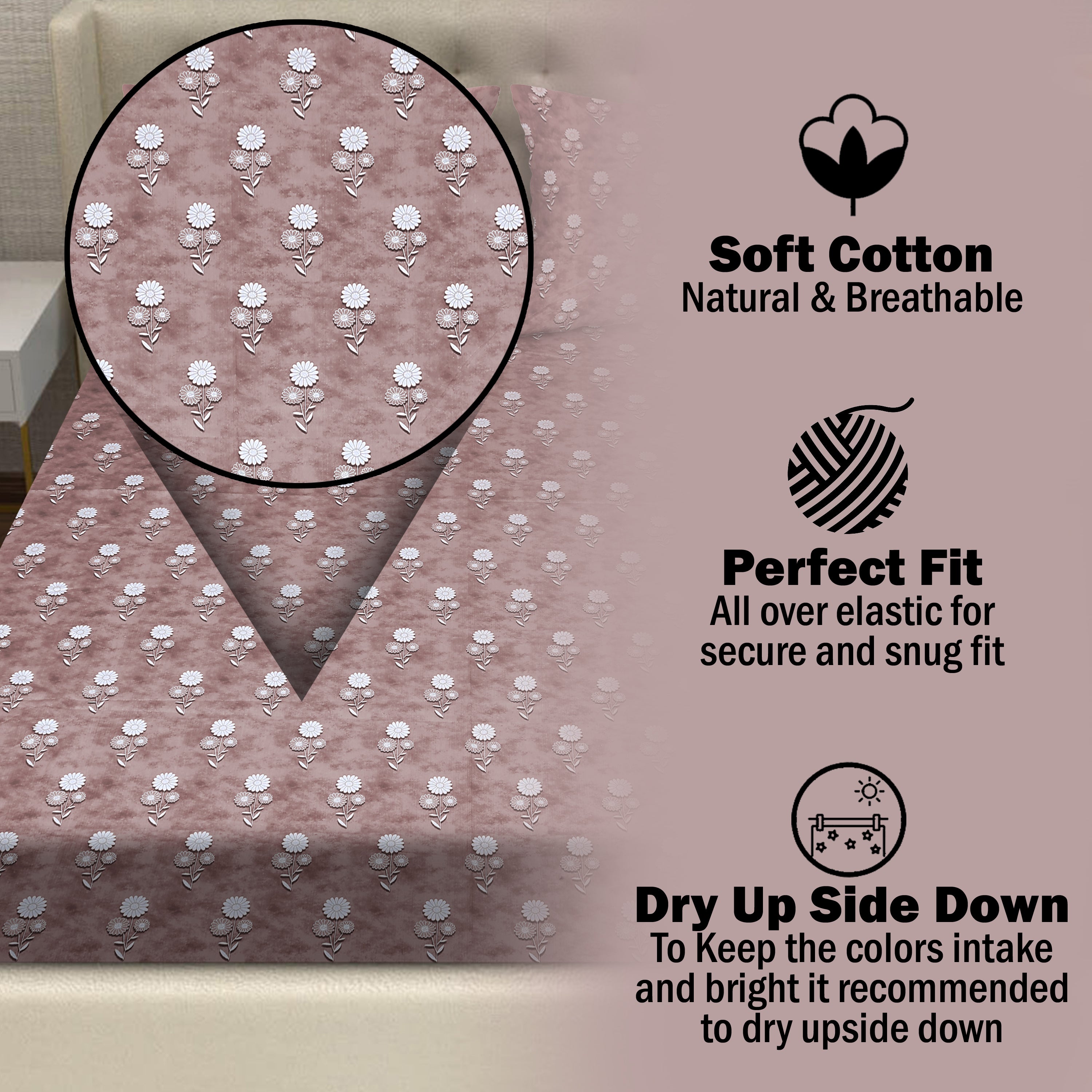 Soft Daisy Harmony Cotton Fitted Bed Sheet Set (Soft Mocha Brown)(Super King)