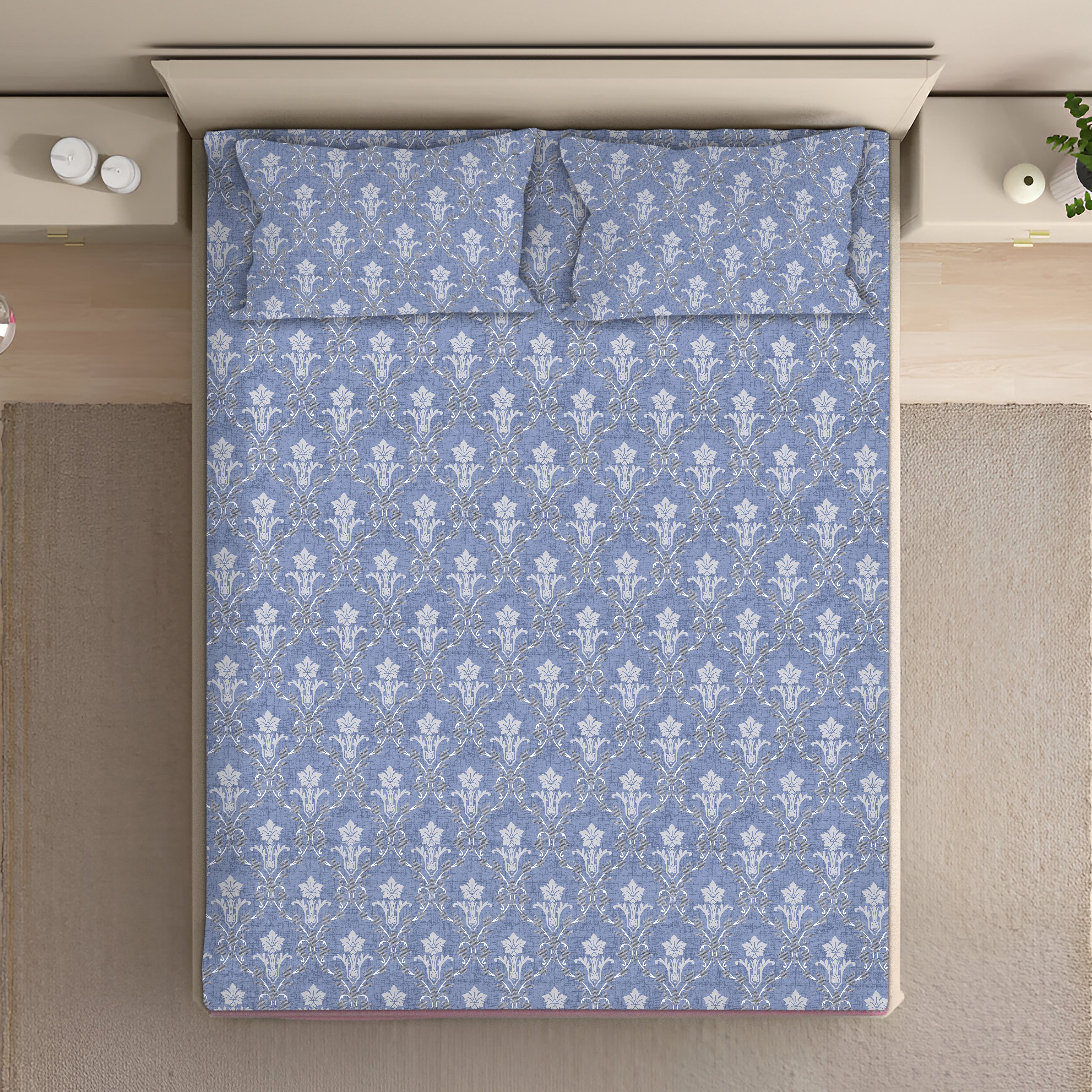 Classic Damask Cotton Fitted Bed Sheet Set (Blue)