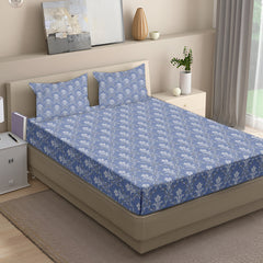 Classic Damask Cotton Fitted Bed Sheet Set (Blue)