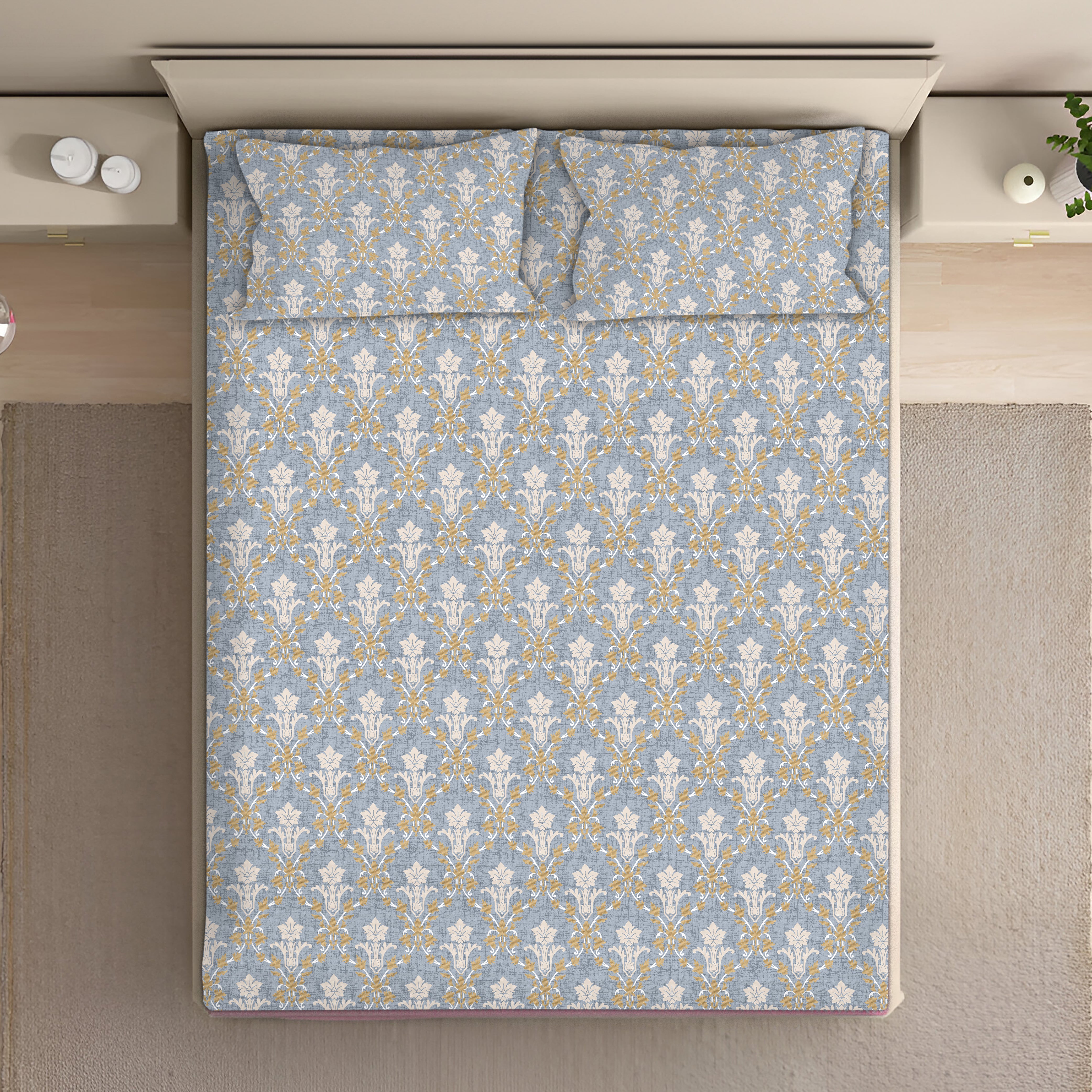 Classic Damask Cotton Fitted Bed Sheet Set (Muted Blue-Grey)