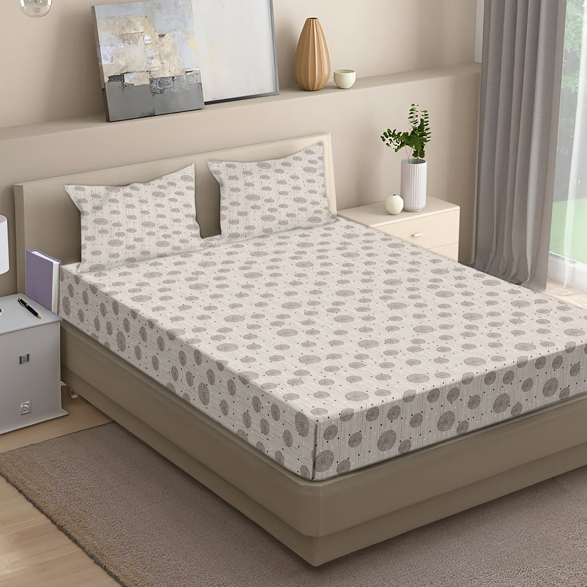 Speckled Polka Cotton Fitted Bed Sheet Set (Taupe)