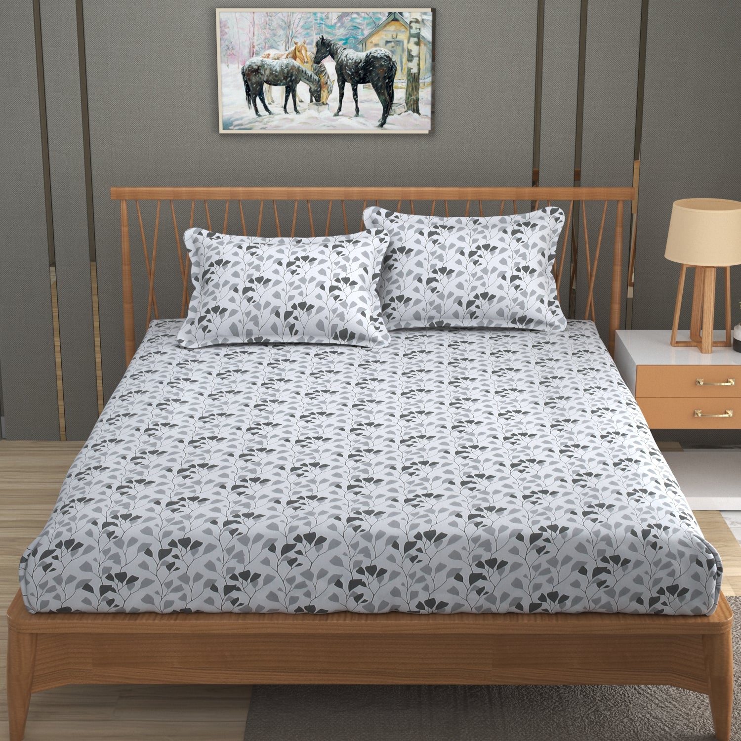 Tangled Vines Cotton Fitted Bed Sheet Set (Grey)