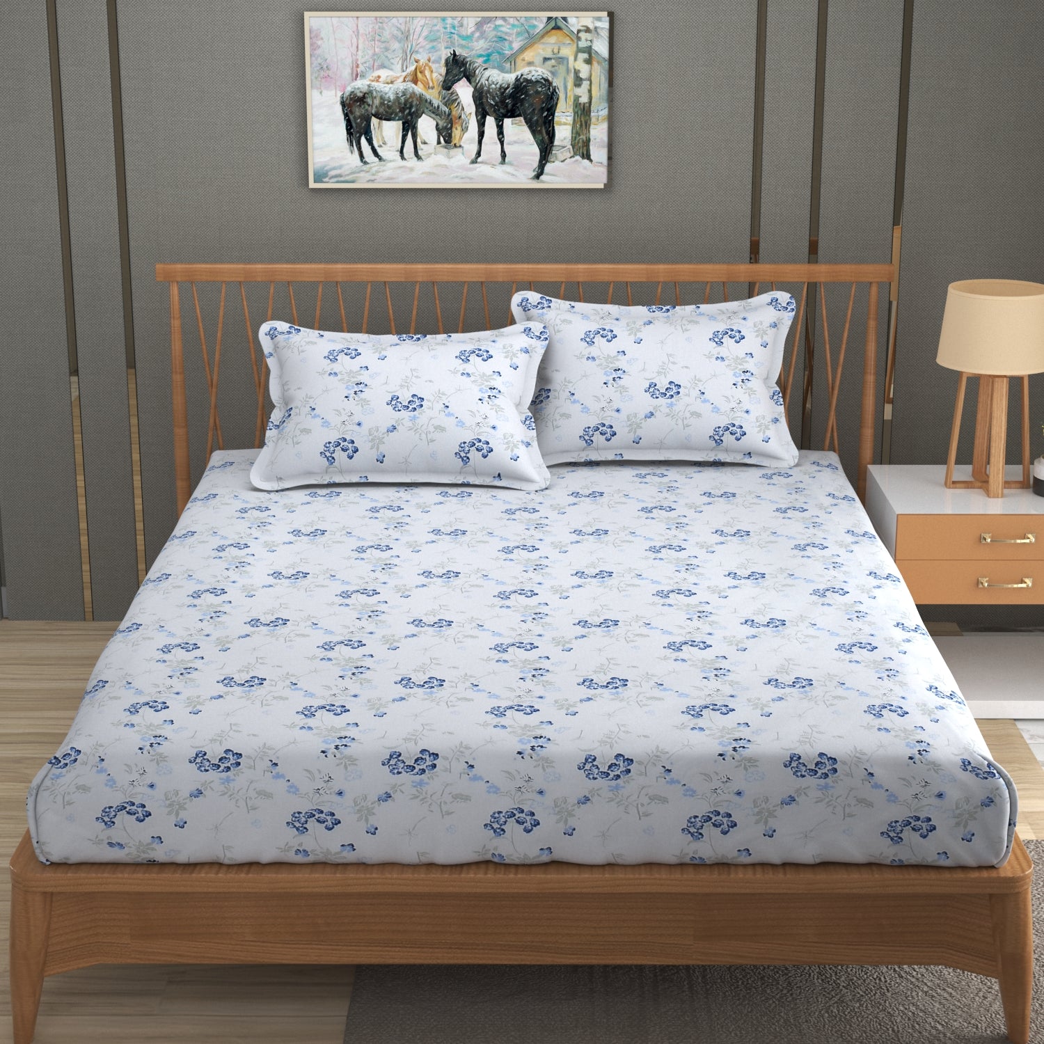 Floral Dreamscape Cotton Fitted Bed Sheet Set (Blue)