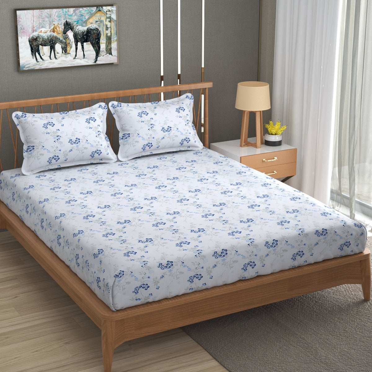 Floral Dreamscape Cotton Fitted Bed Sheet Set (Blue)