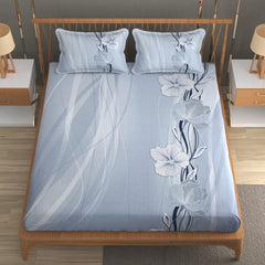 Serene Bloom Cotton Fitted Bed Sheet Set (Blue)