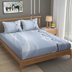 Serene Bloom Cotton Fitted Bed Sheet Set (Blue)