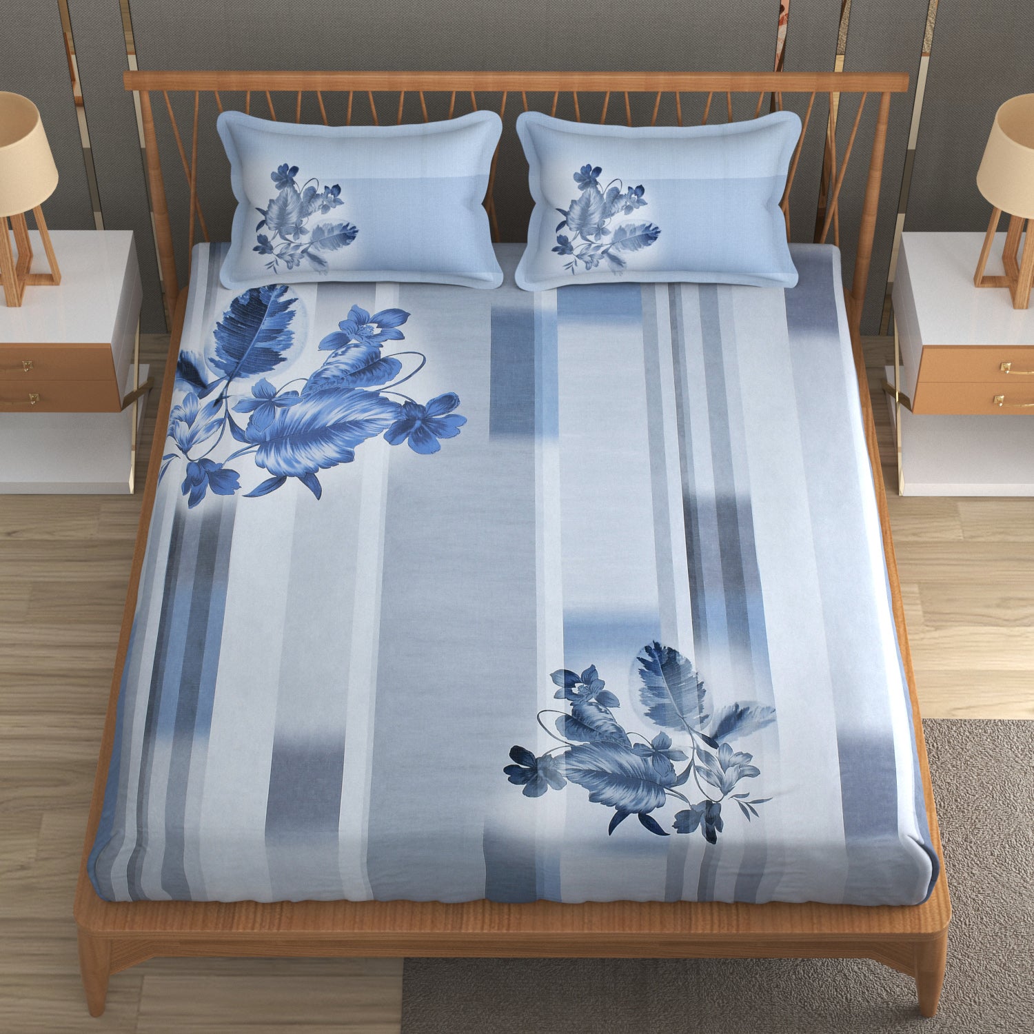 Oceanic Blooms  Cotton Fitted Bed Sheet Set (Soft Blue)