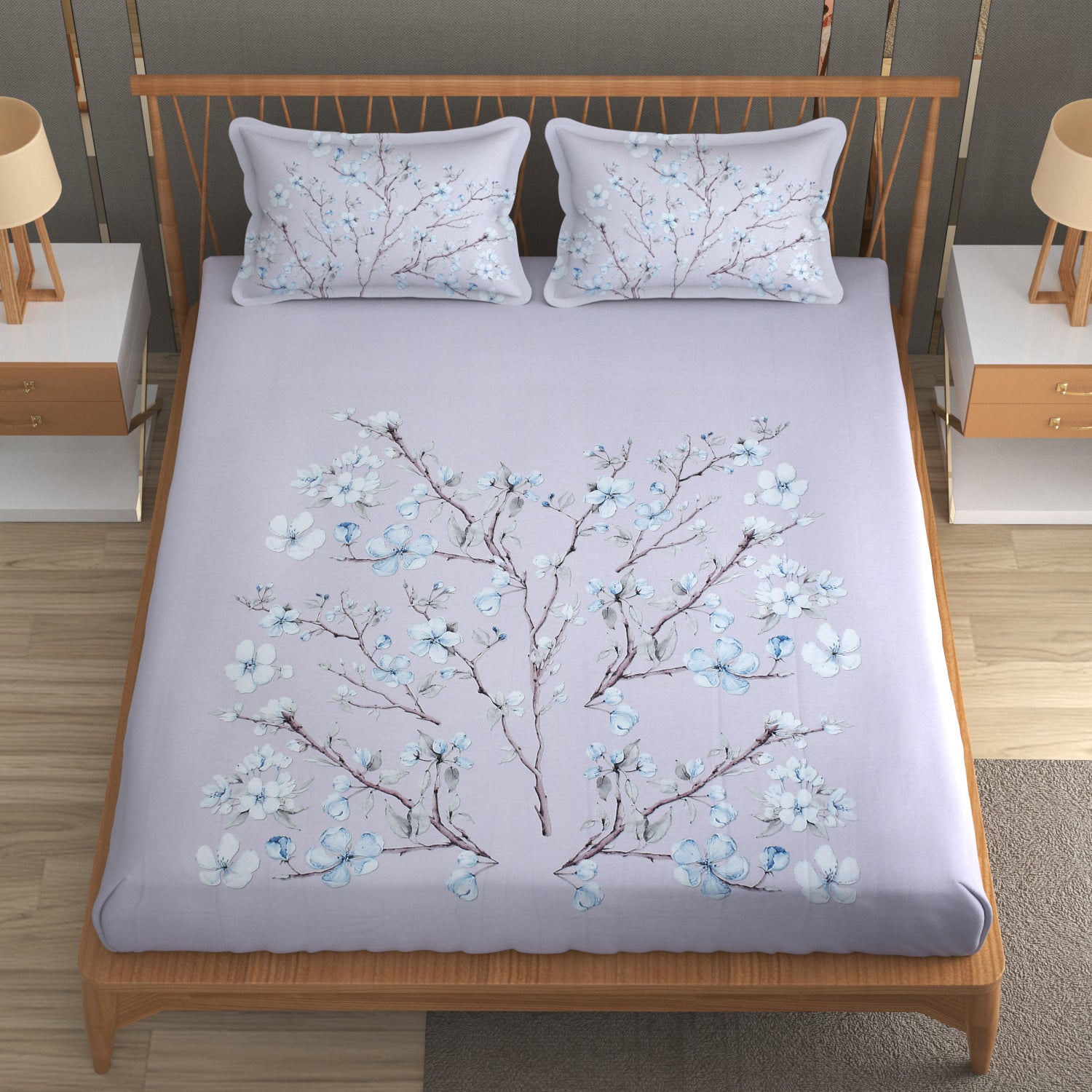 Blossom Riverie Cotton Fitted Bed Sheet Set (Light Lavender)