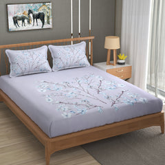 Blossom Riverie Cotton Fitted Bed Sheet Set (Light Lavender)