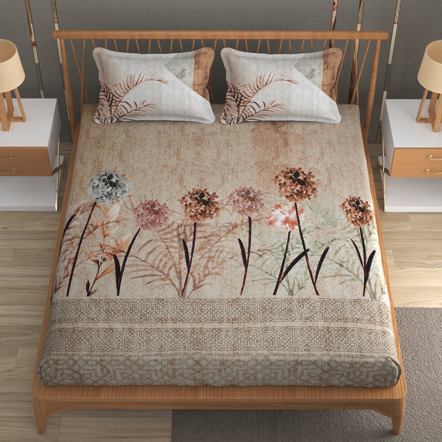 Ethereal Bloom Cotton Fitted Bed Sheet Set (Warm Beige)