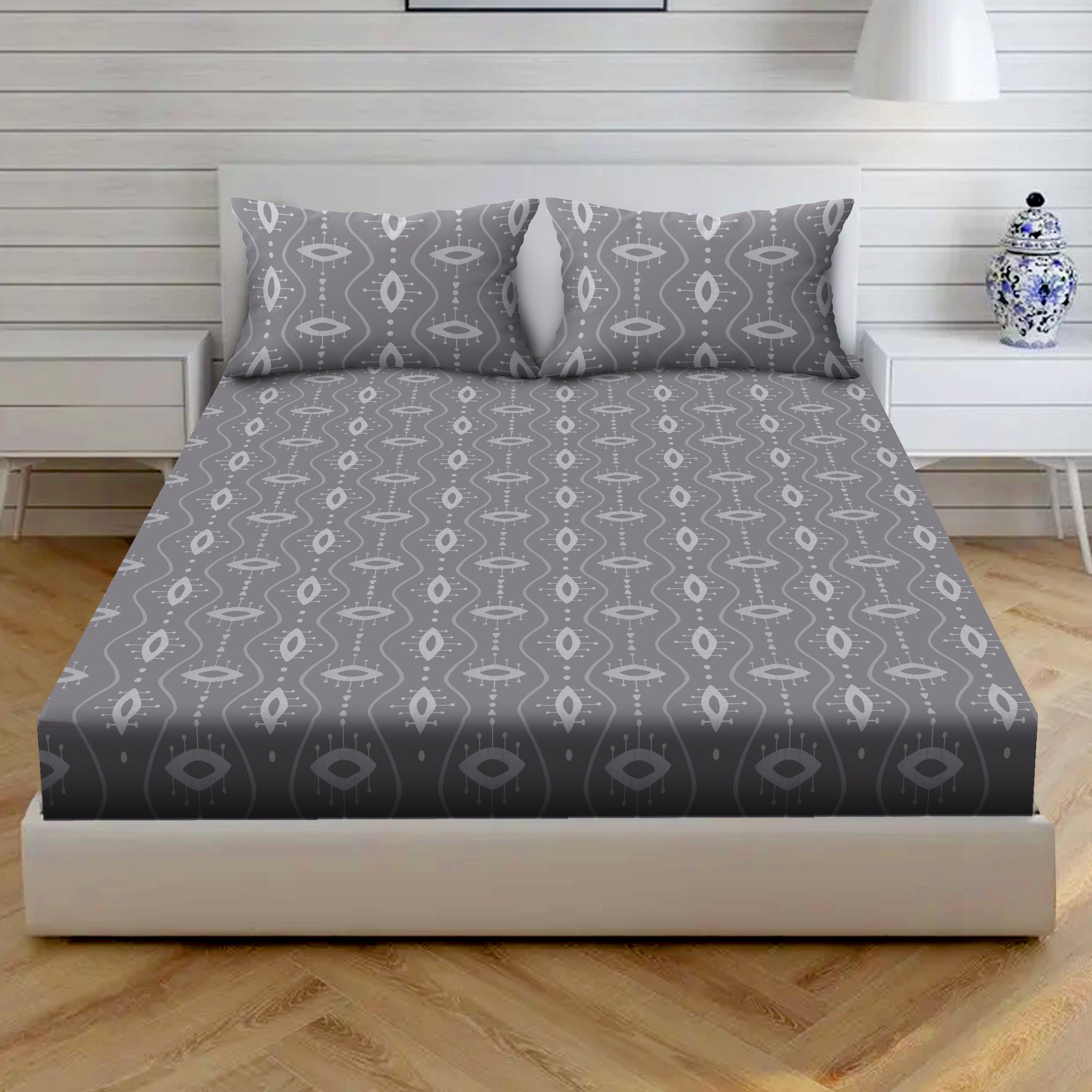 Atomic Eye Cotton Fitted Bed Sheet Set (Dark Gray)