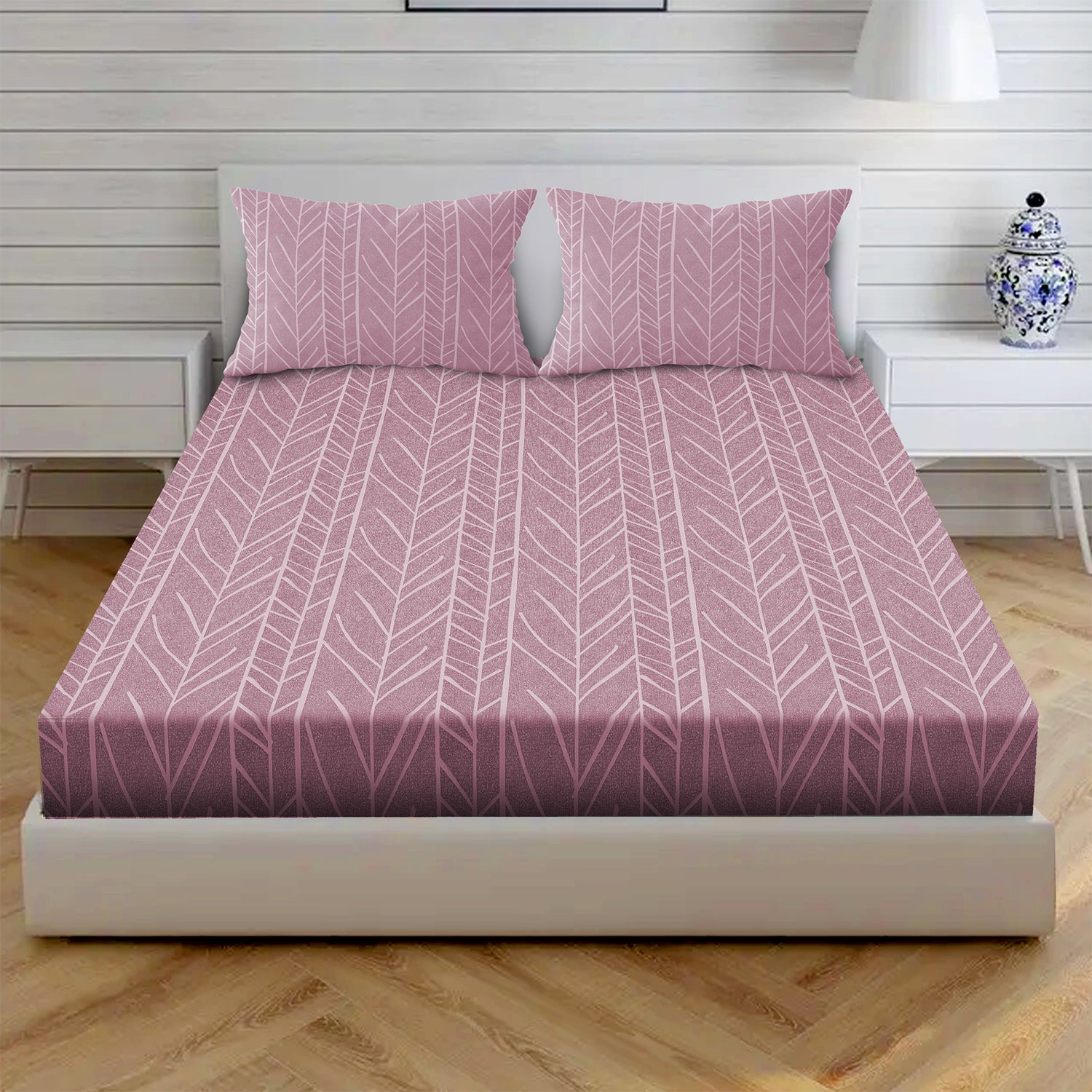 Vintage Herringbone Cotton Fitted Bed Sheet Set (Soft Rose)